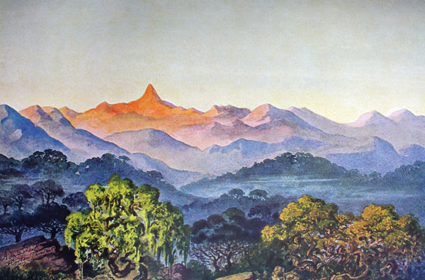 Earnst Haeckel's painting of Adams Peak, from Horton Plains